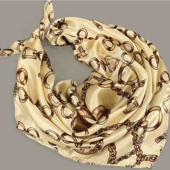 Vintage Style Chain Print Square Scarf Beige and Brown Elegant Satin Neckerchief - Picture 8 of 9